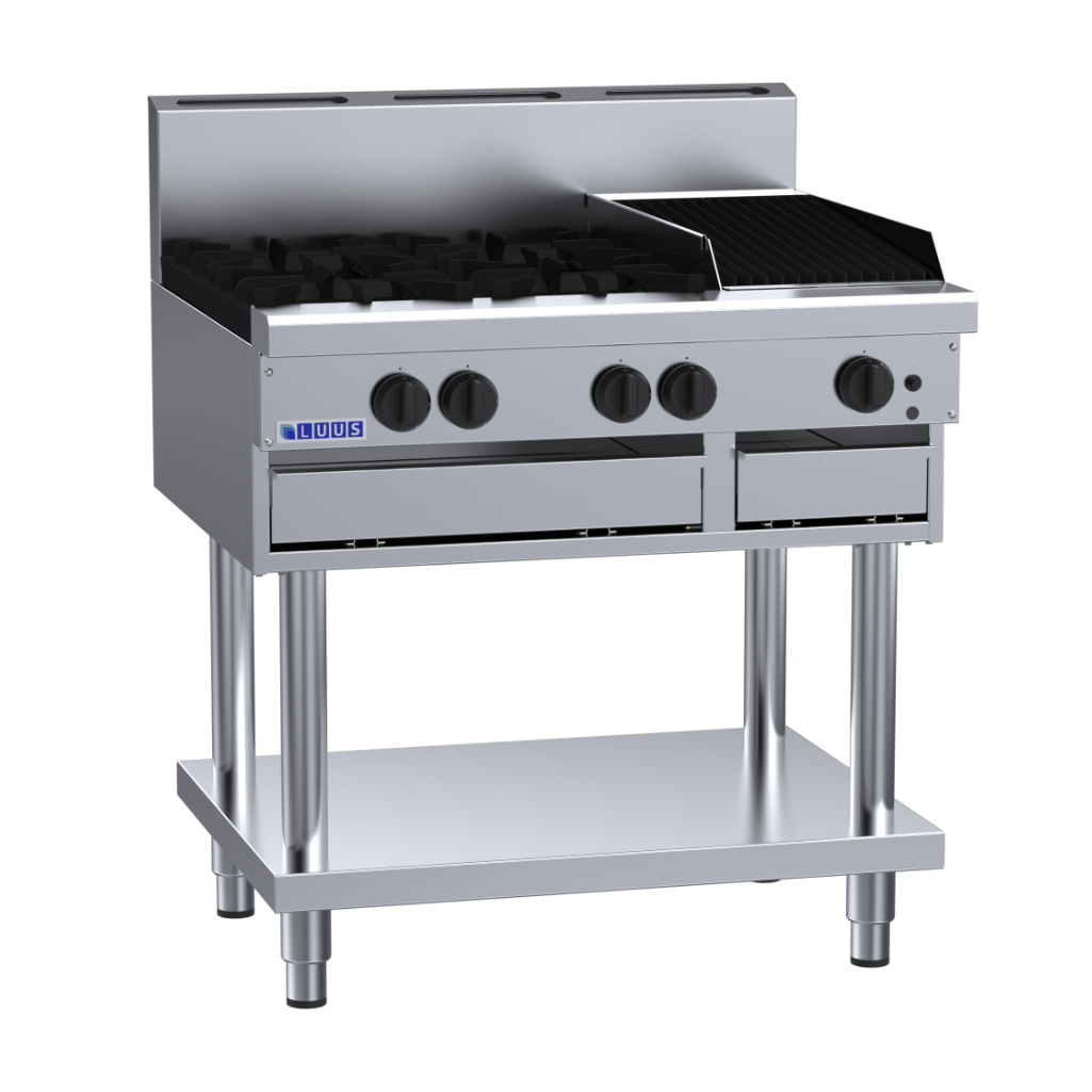 Luus 4 Burner 300mm Chargrill Cooktop with flame failure, legs & shelf