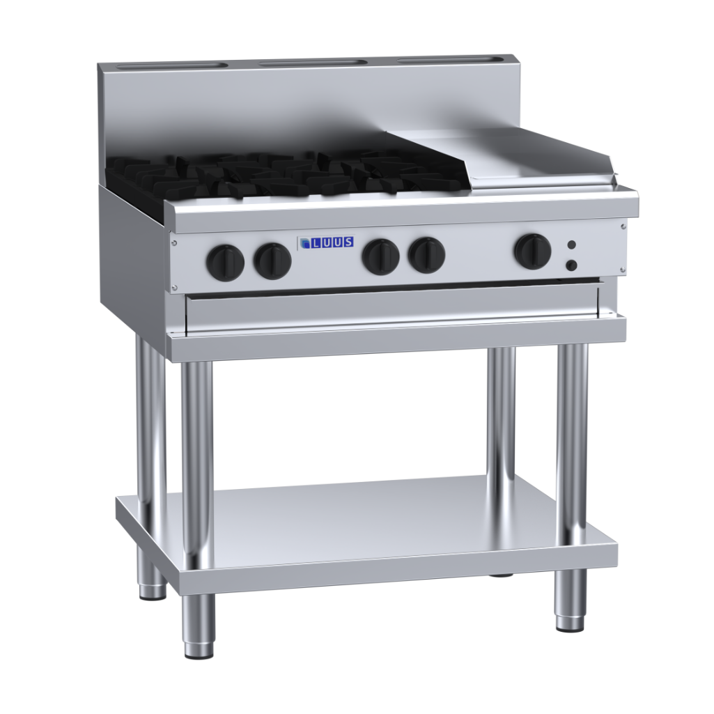 Luus 4 Burner 300mm Griddle Cooktop with flame failure, legs & shelf