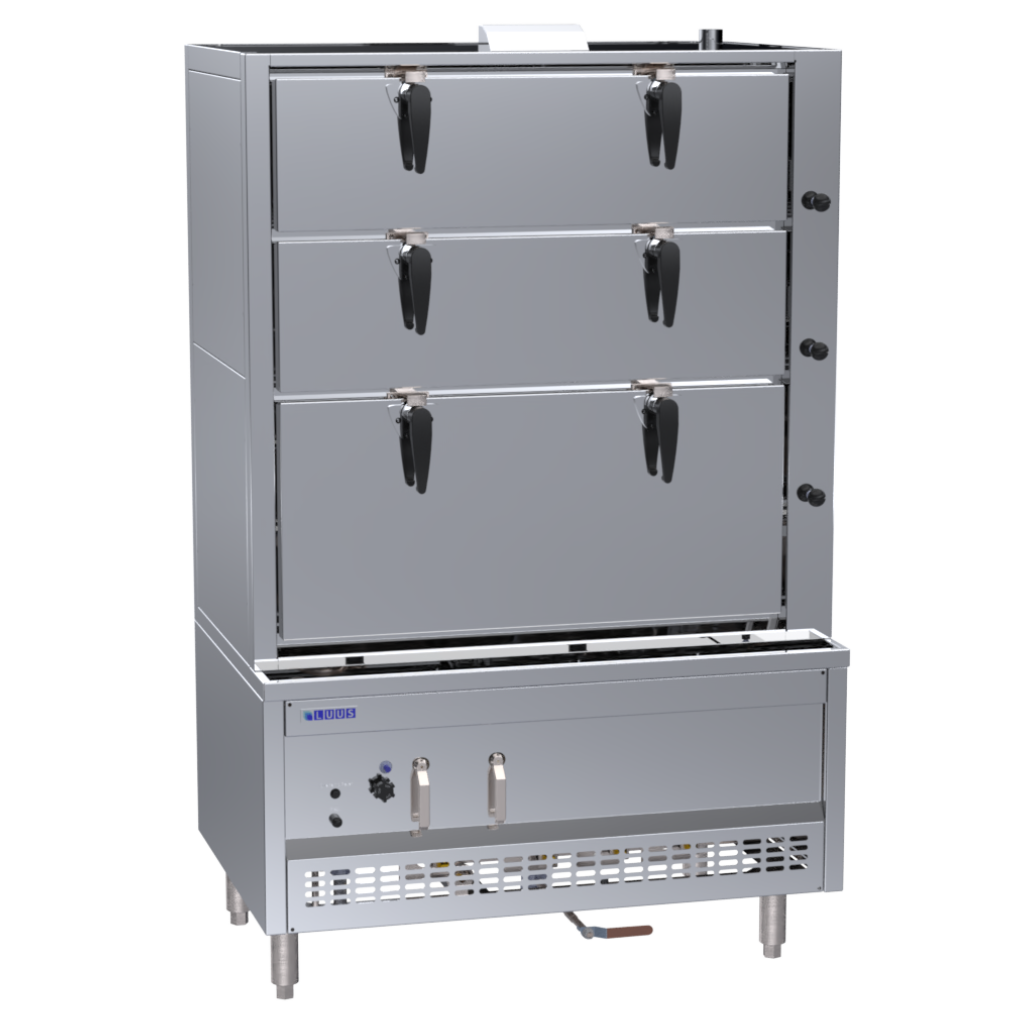 Luus 1200mm 3 Deck Steam Cabinet with ultra-efficient heat exchange system. Features flame failure, auto tank refill, pressure release valve and rotary door