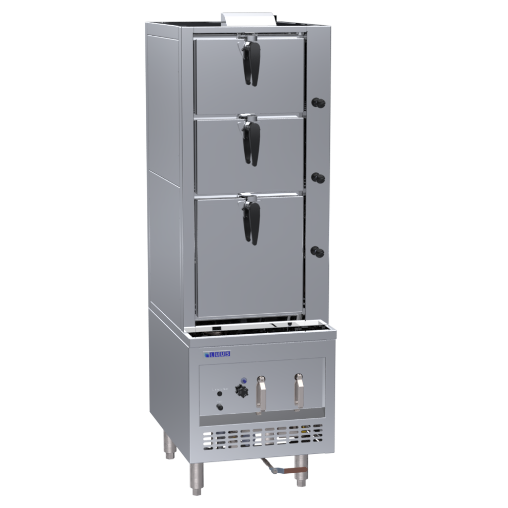 Luus 600mm 3 Deck Steam Cabinet with ultra-efficient heat exchange system. Features flame failure, auto tank refill, pressure release valve and rotary door