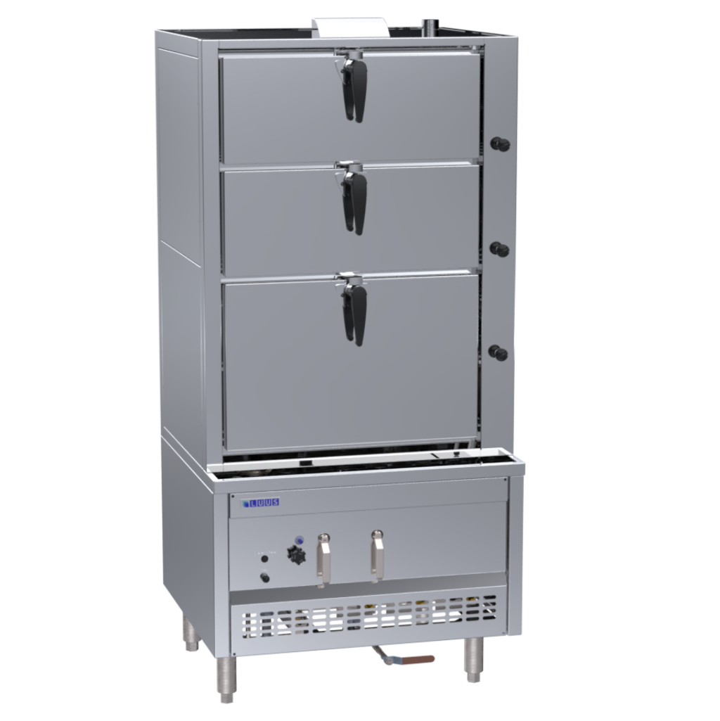 Luus 900mm 3 Deck Steam Cabinet with ultra-efficient heat exchange system. Features flame failure, auto tank refill, pressure release valve and rotary door